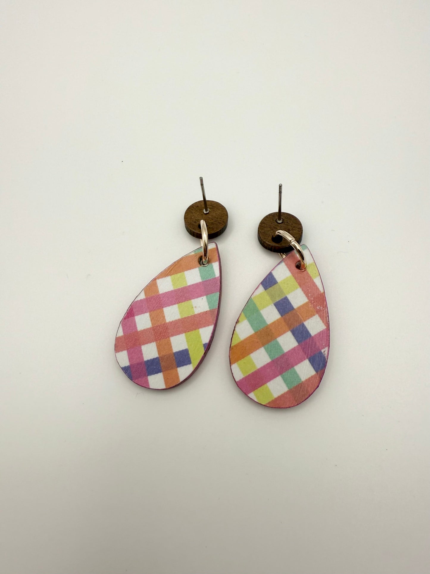 Wood and decoupage stud dangle earrings