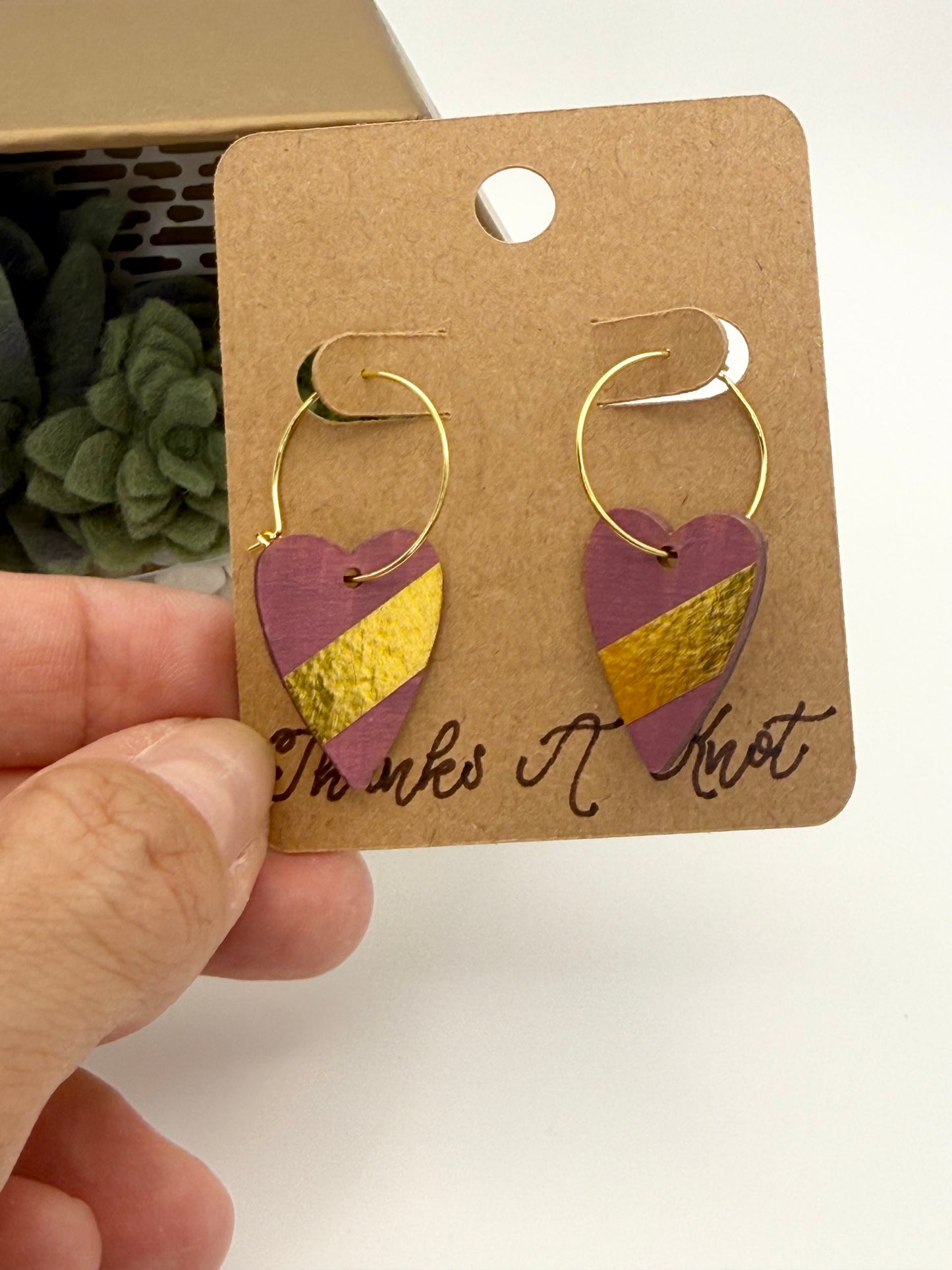 Dusty Rose Heart Hoop Earrings | Hand-Painted Wood Heart Earrings