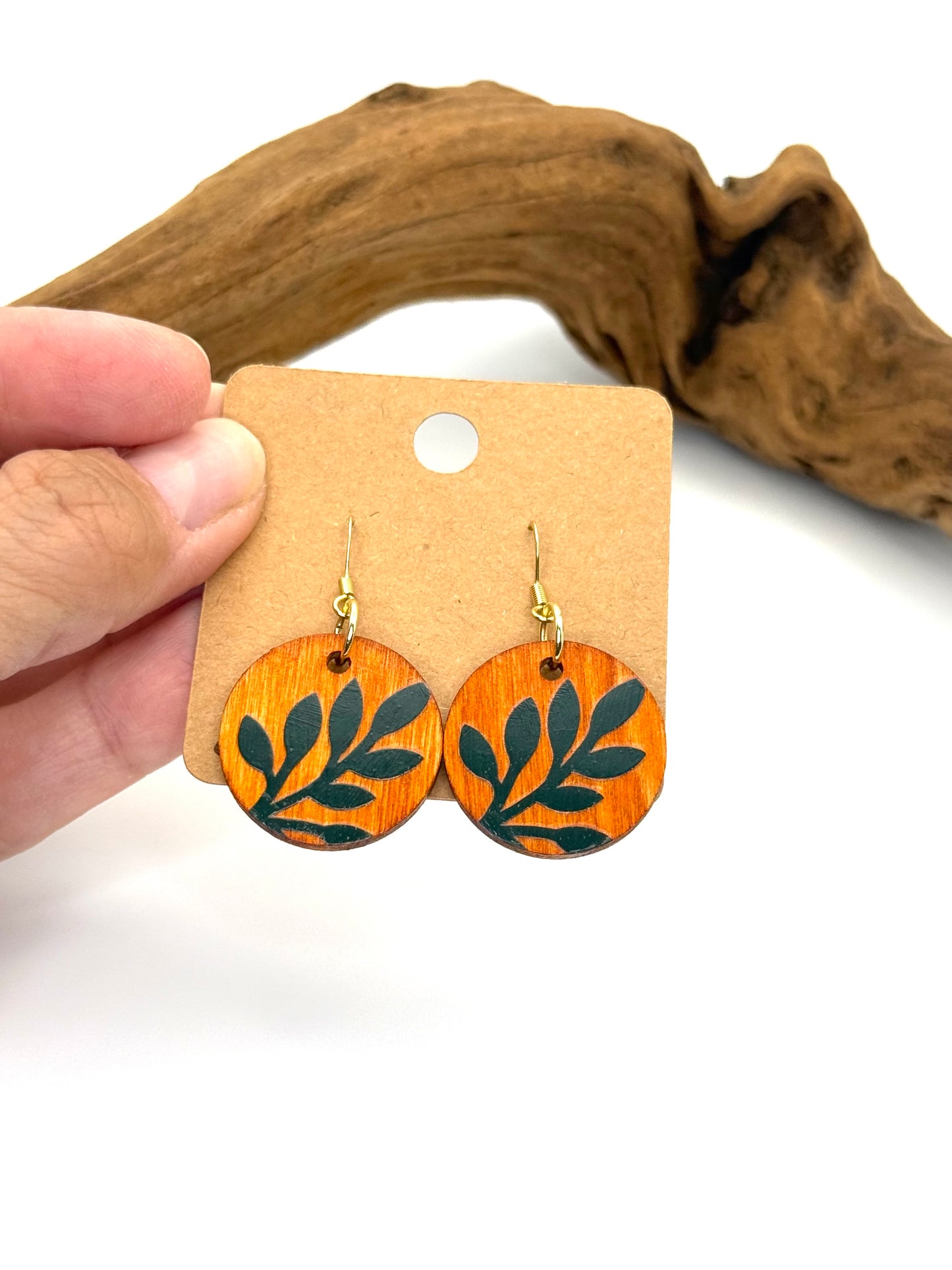 Amber Nature Inspired Wood Earrings | Dark Green Leaf Dangles