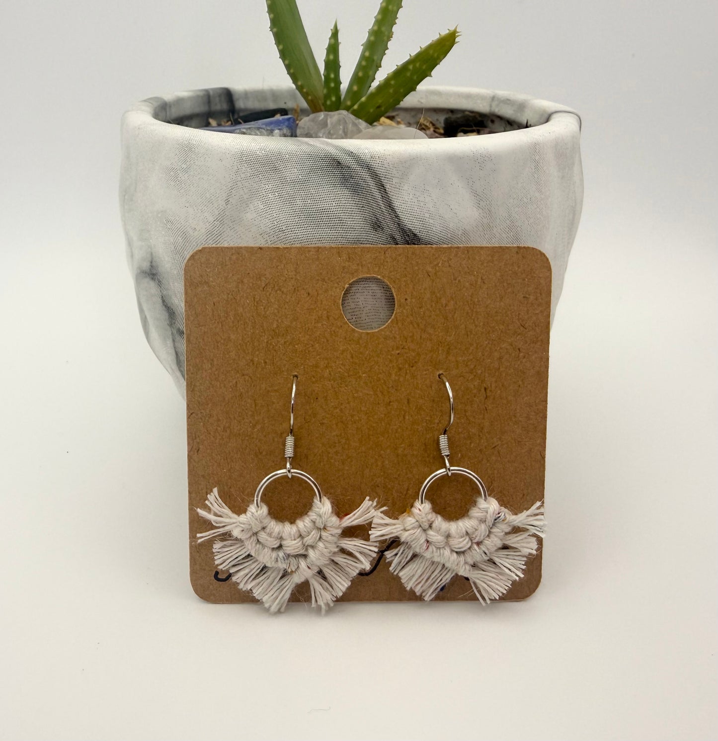 Handmade Micro Macramé Hoop Earrings | Neutral Mini Fringe Earrings
