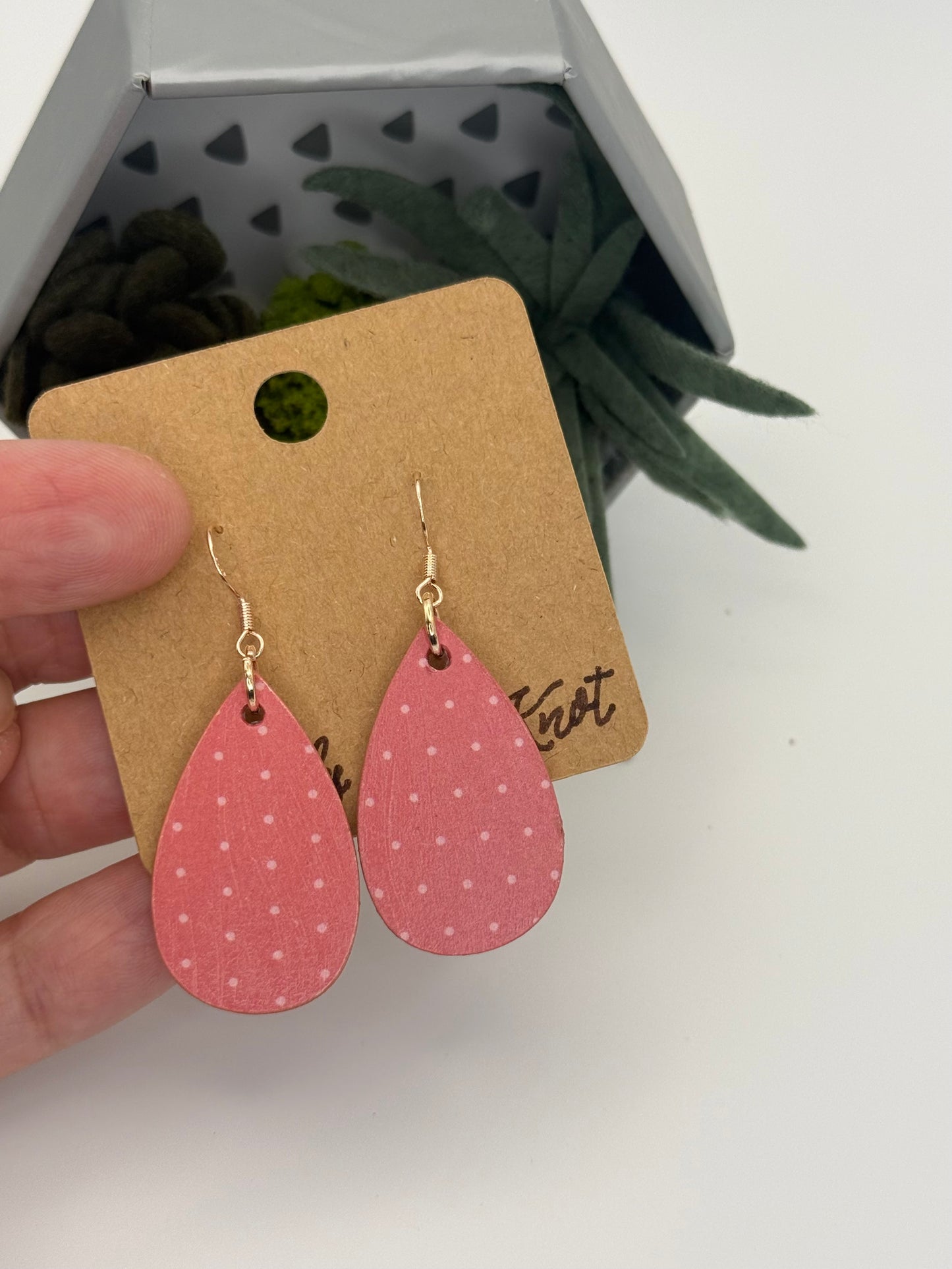 Pink Polka Dot Wood Earrings | Rose Pink Teardrop Drop Earrings
