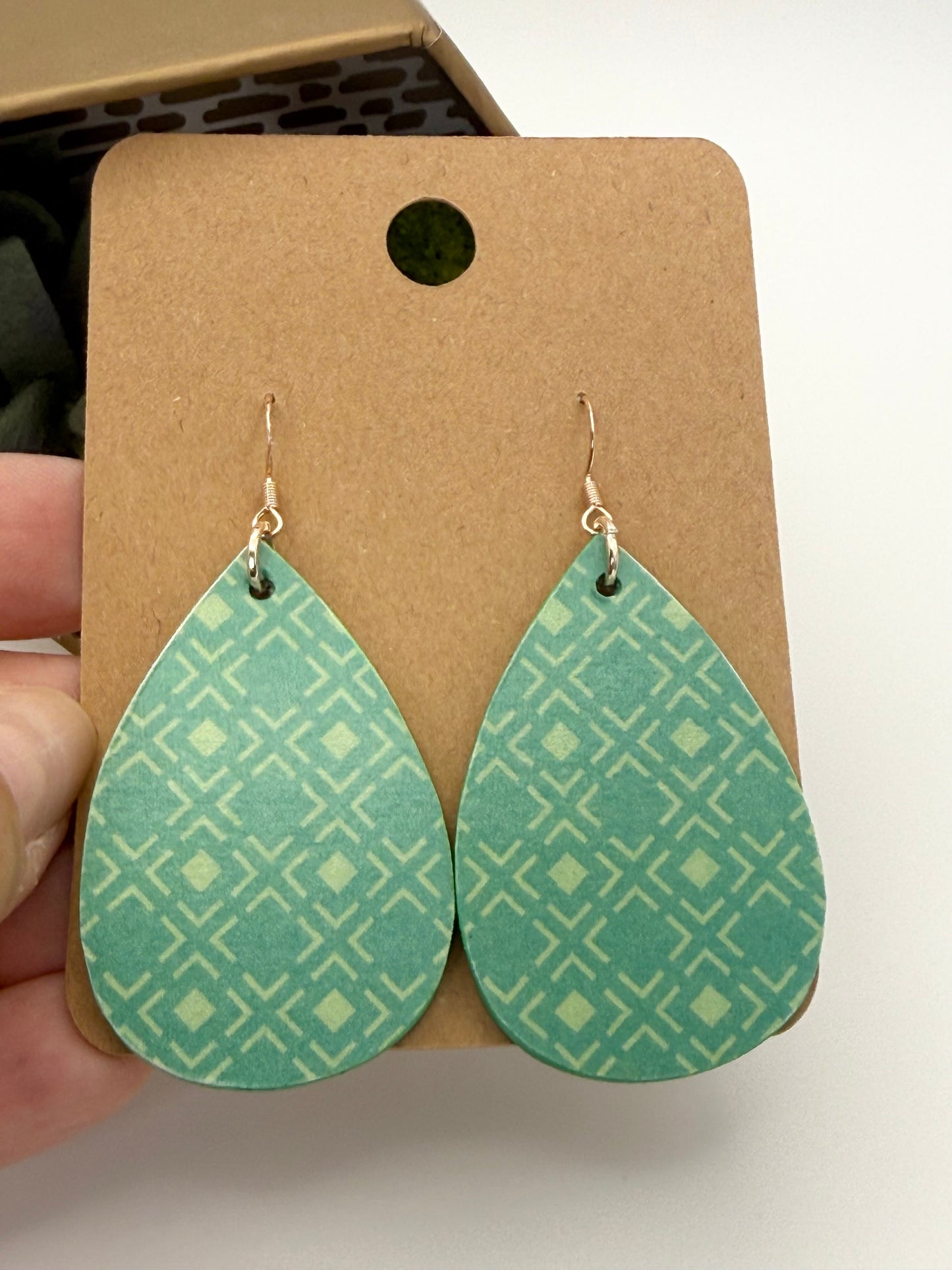 Sea Glass Geo Wood Earrings | Aqua Patterned Teardrop Statement Earrings