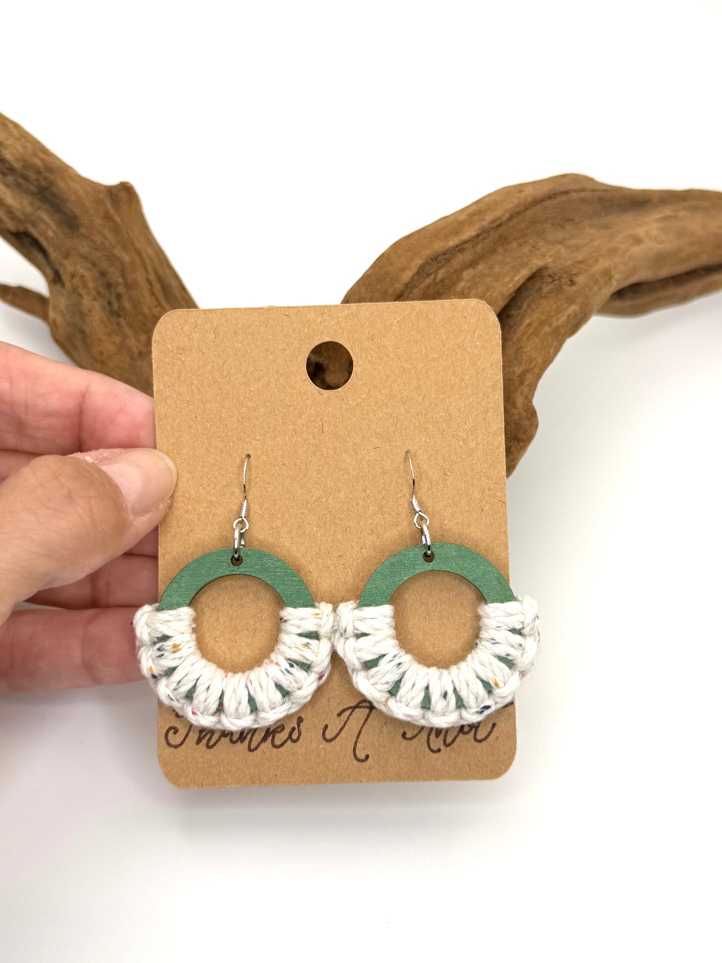 Modern Green Macramé Wood Earrings | Hand Knotted Boho Dangles