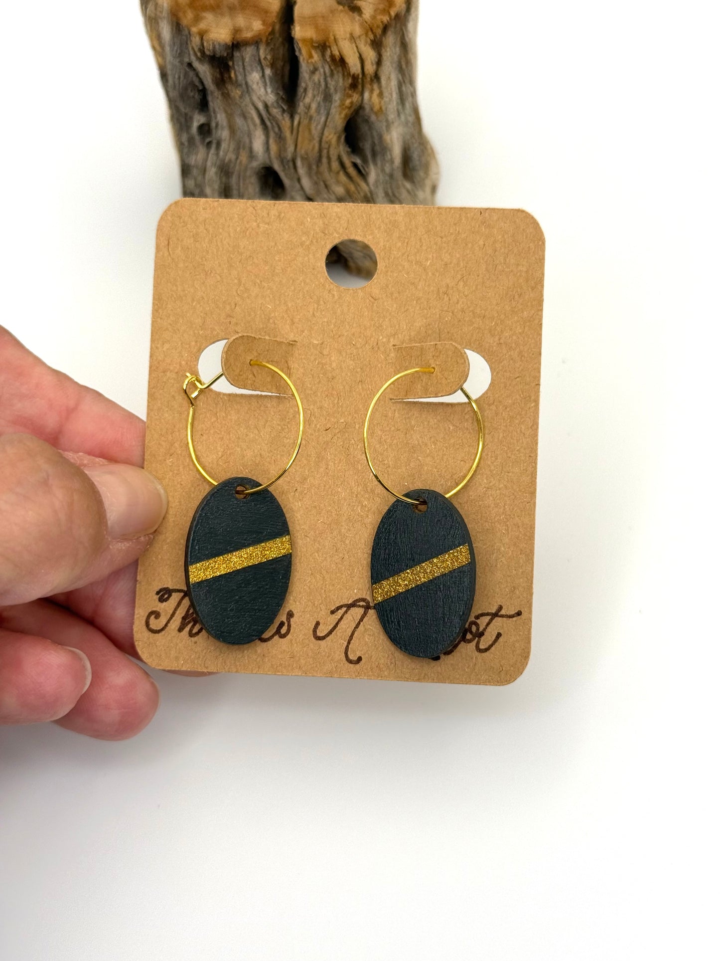 Modern Black & Gold Hoop Earrings | Hand Painted Wood Dangles