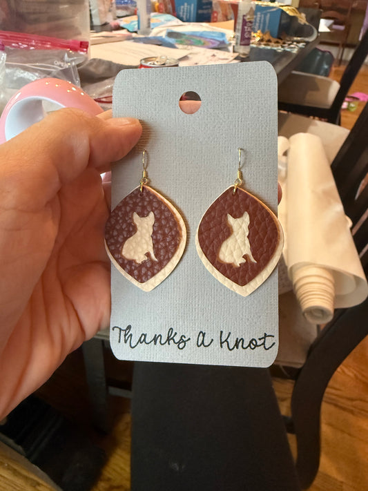 Faux leather dangle earrings with French pit bull cutout design