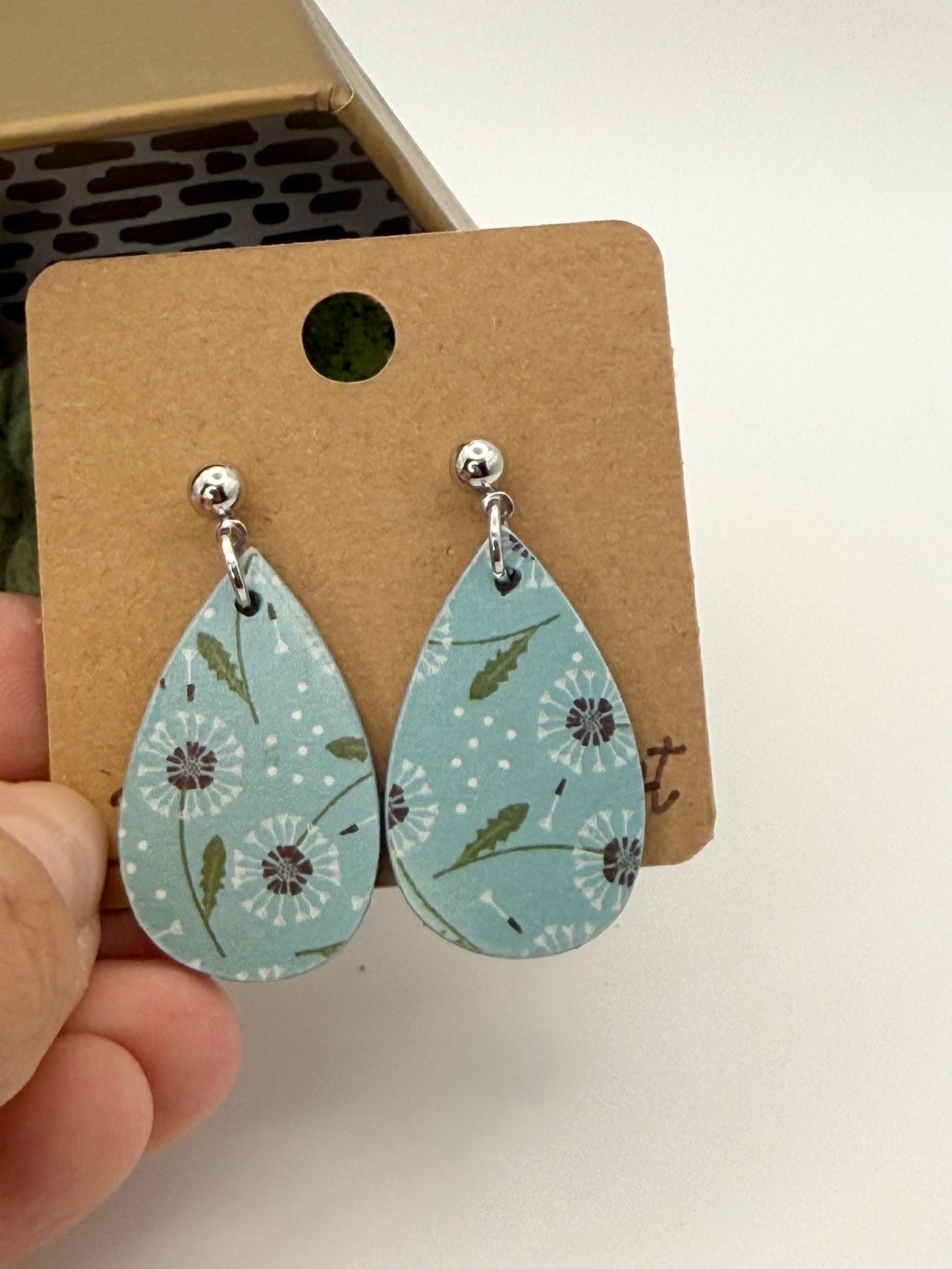 Dandelion Sky Wood Stud Earrings | Botanical Teardrop Earrings