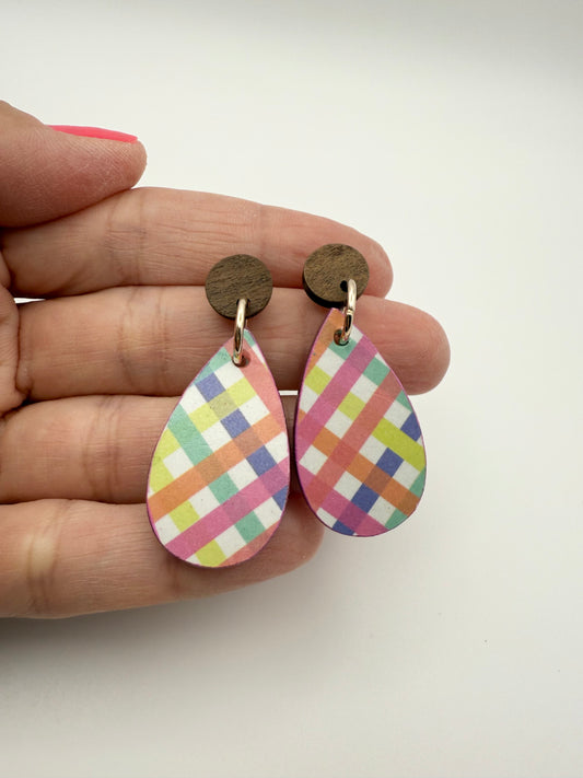 Wood and decoupage stud dangle earrings