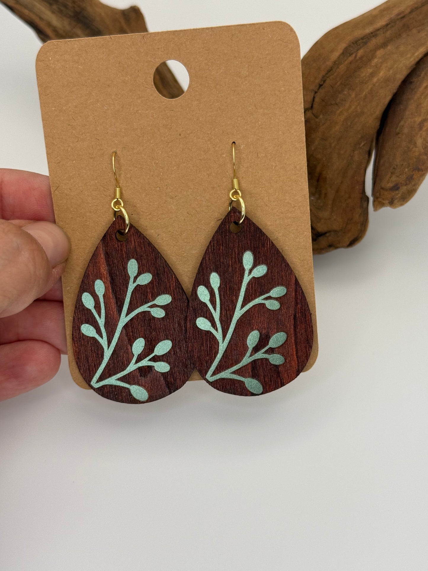 Modern Stained Wood Botanical Earrings | Sage Holographic Leaf Dangles