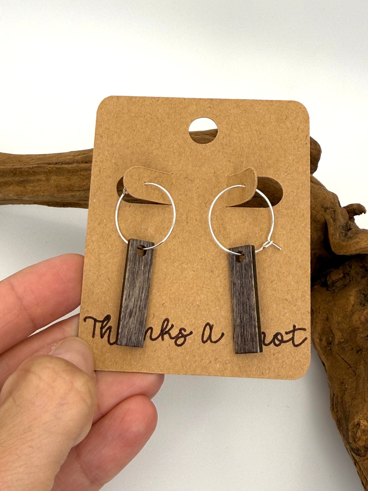 Driftwood Gray Wood Hoop Earrings | Minimalist Silver Bar Dangles