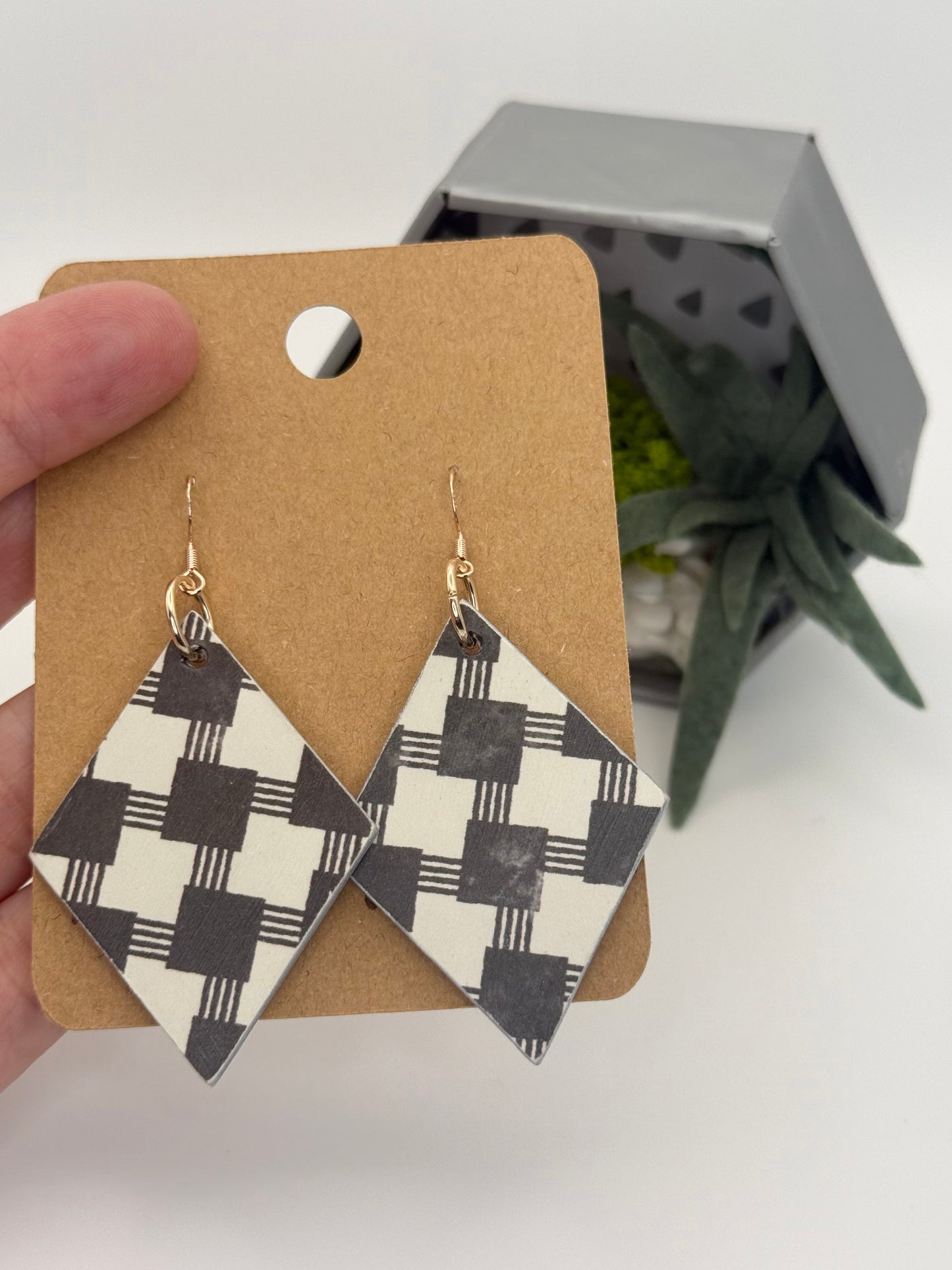 Black and White Checkered Earrings | Geometric Decoupage Statement Earrings