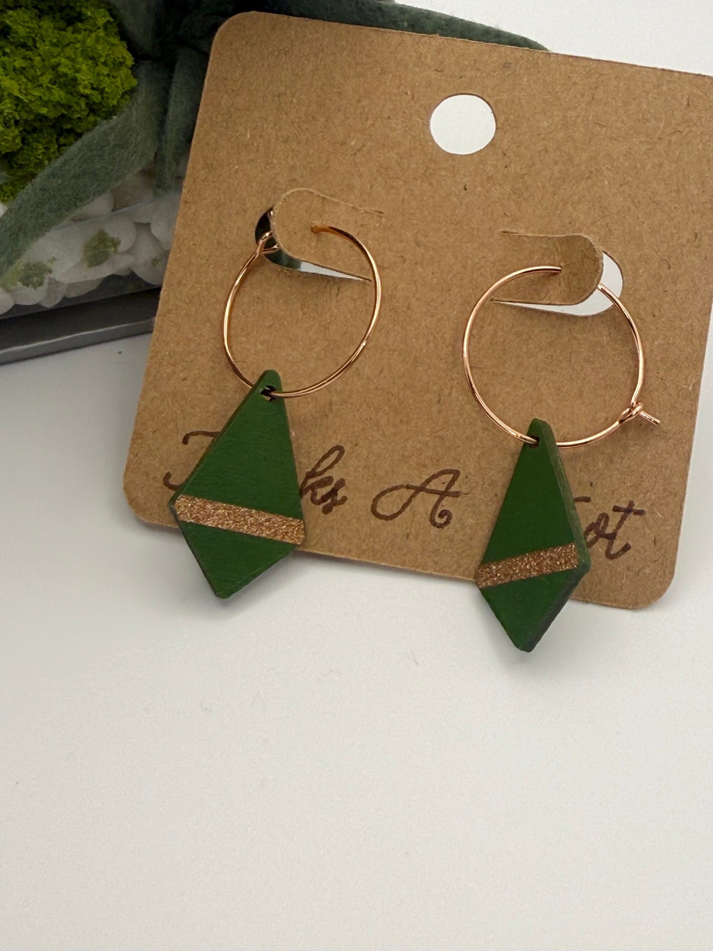 Emerald Geometric Wood Earrings | Rose Gold Hoop Earrings