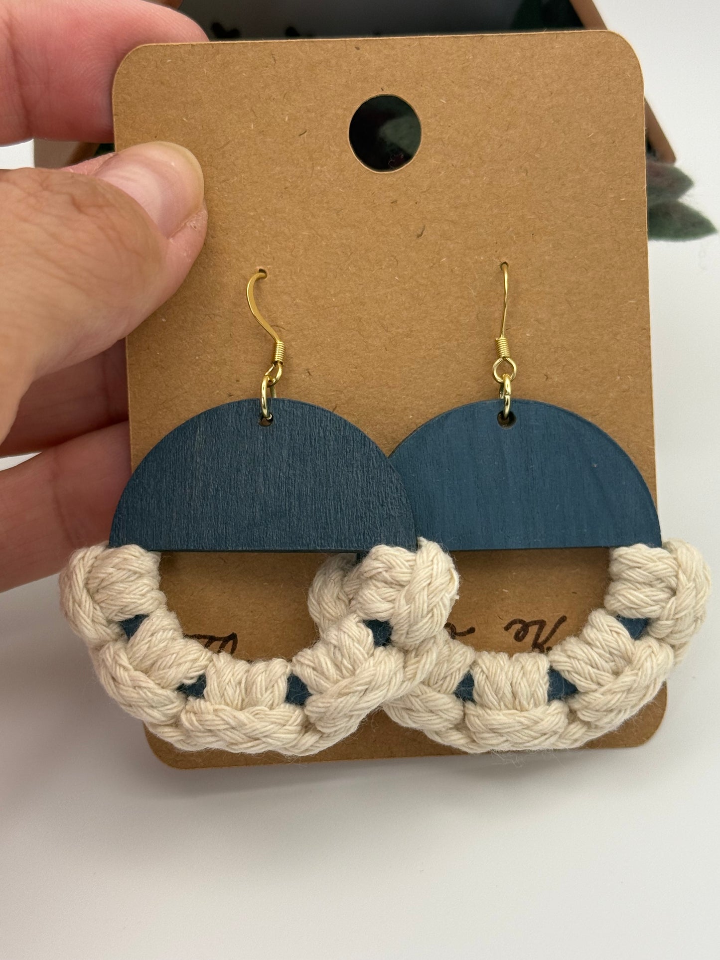 Midnight Macramé Wood Earrings | Hand-Painted Wood & Fiber Art Statement Earrings