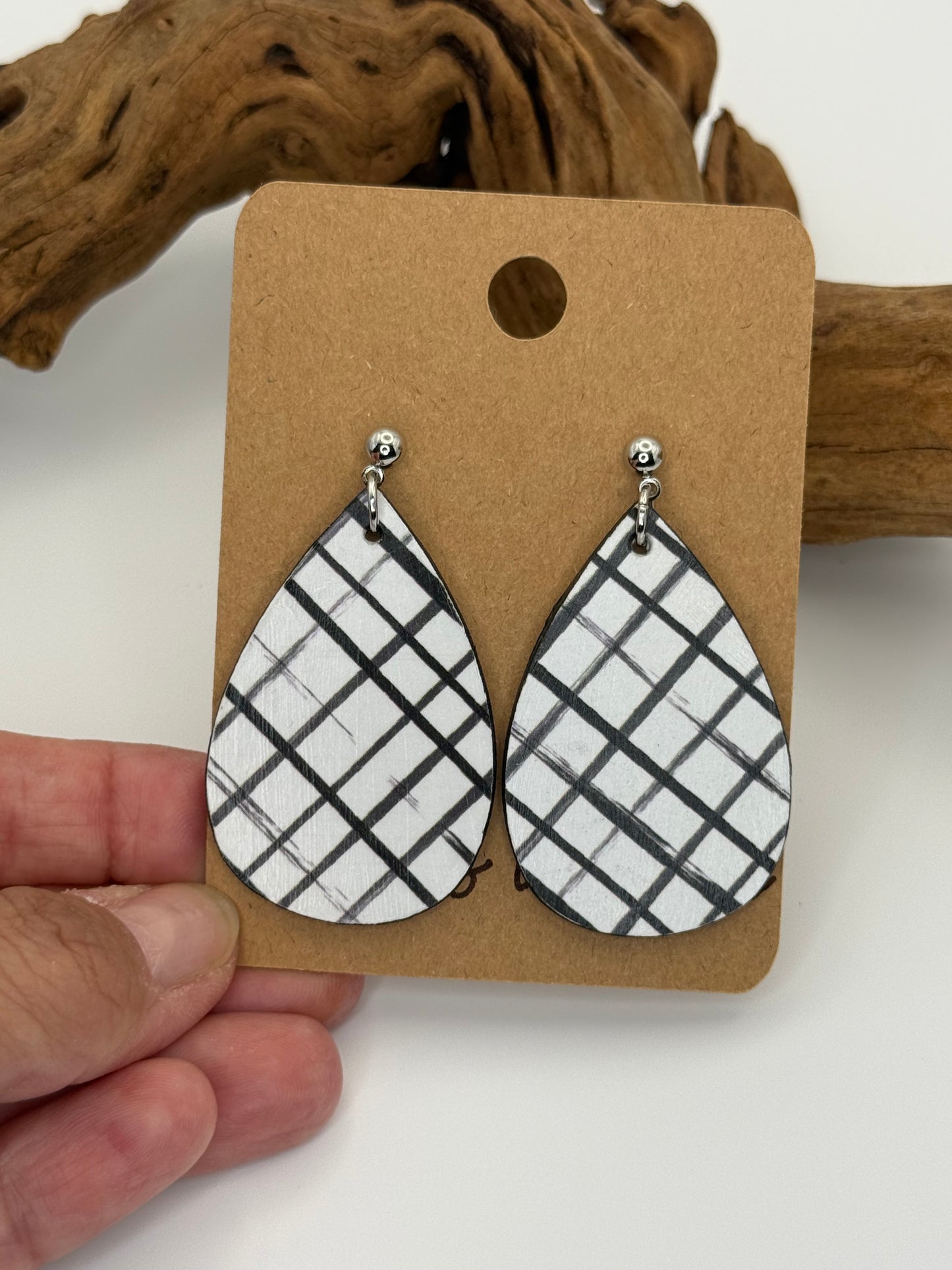Modern Black & White Plaid Wood Earrings | Classic Statement Dangles