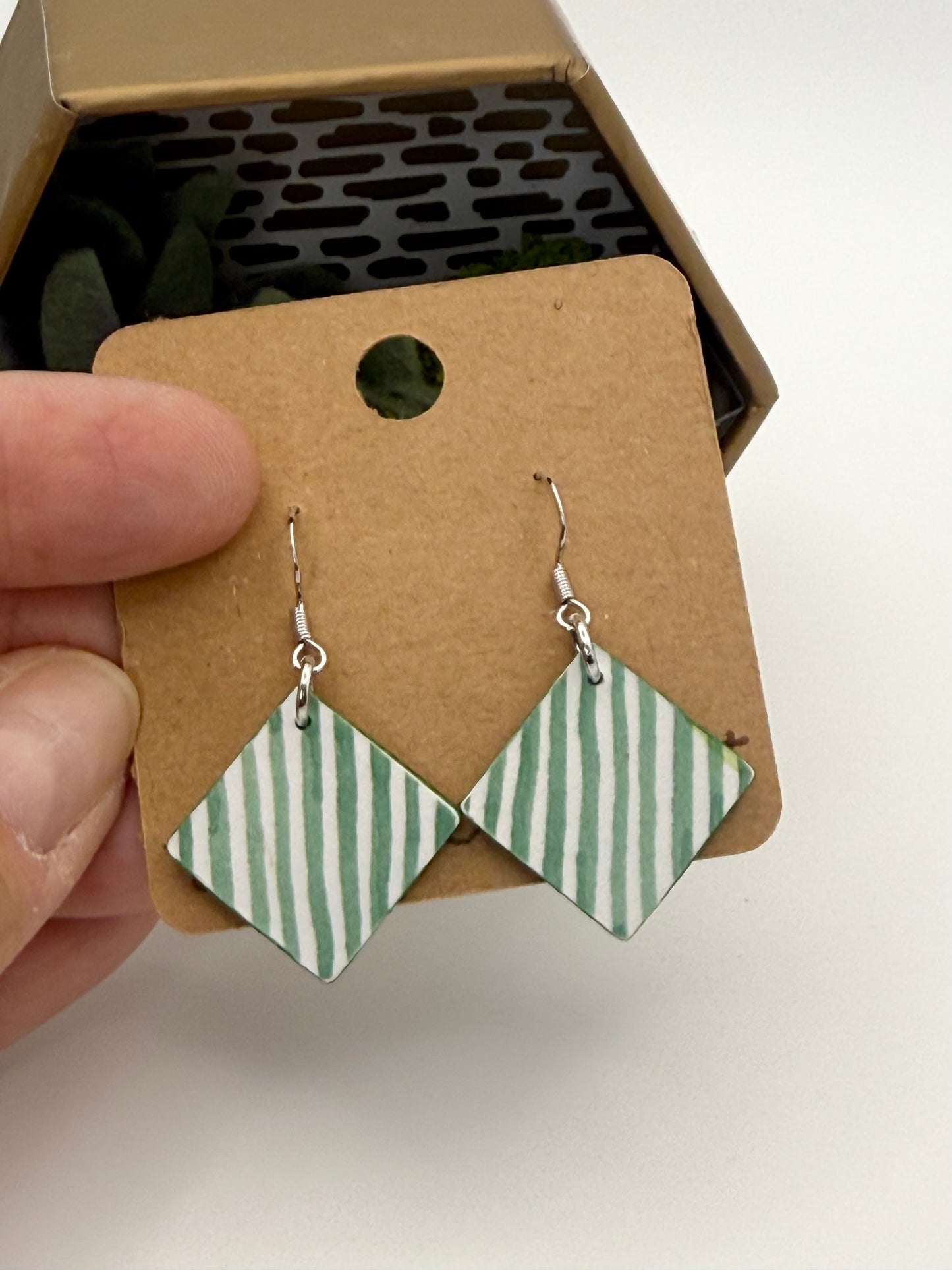 Green Stripe Decoupage | Lightweight Diamond Dangle Earrings