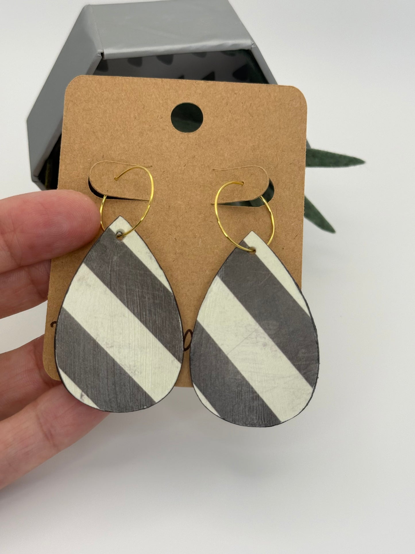 Modern Black and White Stripe Earrings | Geometric Wood Hoop Statement Earrings