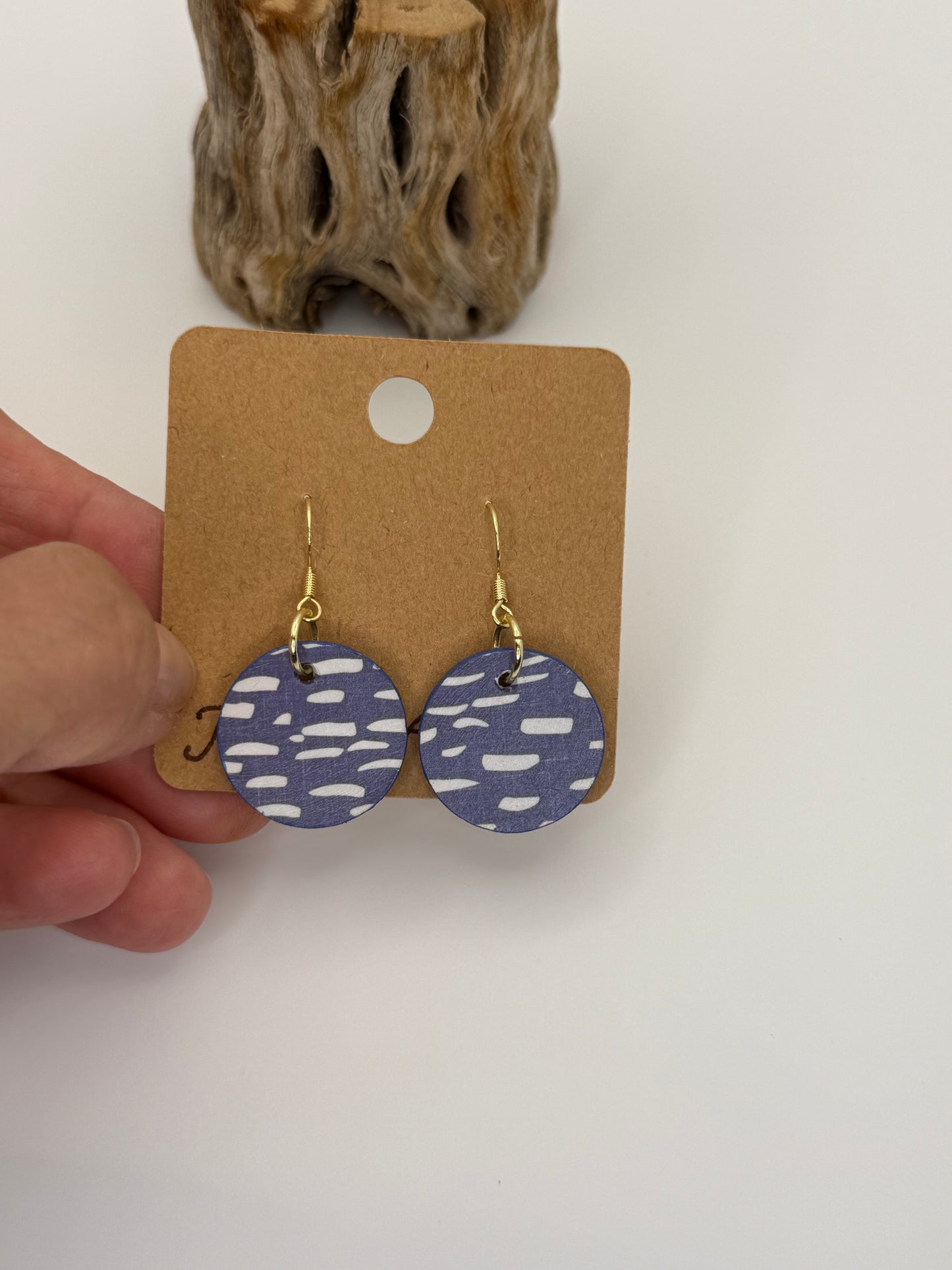 Modern Blue Pattern Wood Earrings | Lightweight Drop Style