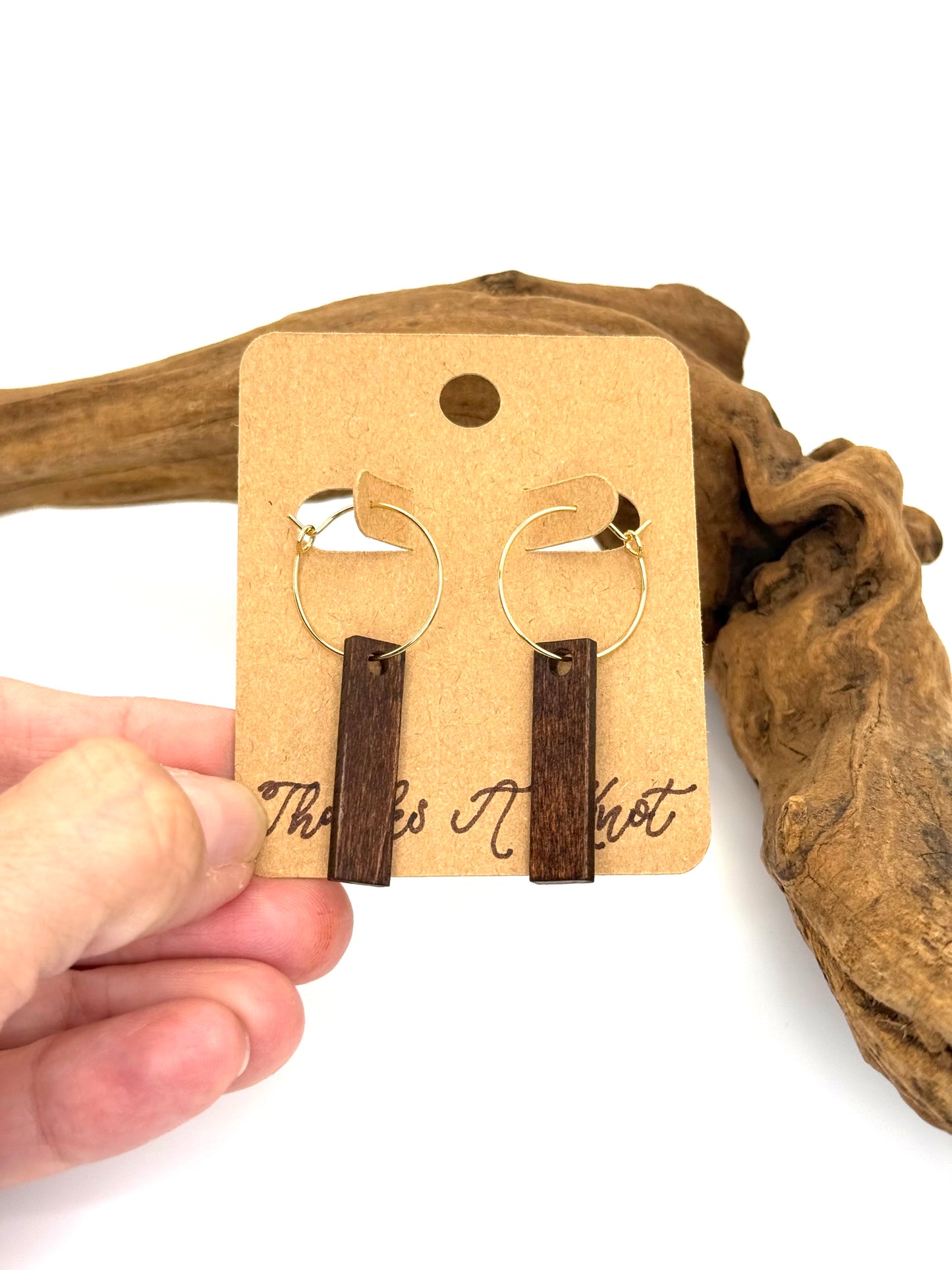 Dark Walnut Wood Hoop Earrings | Minimalist Bar Dangles