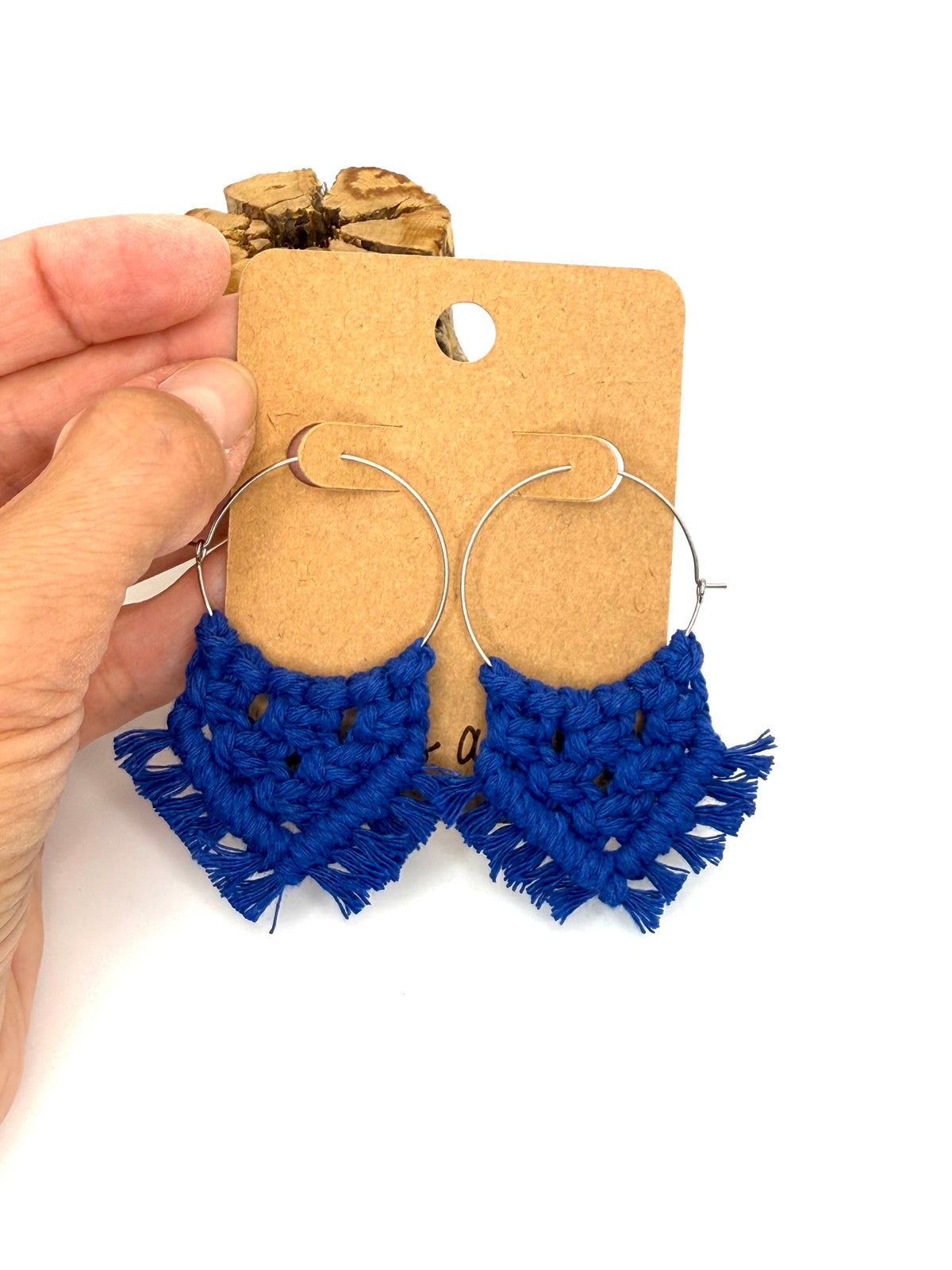 Cobalt Blue Macramé Hoop Earrings | Stainless Steel Statement Hoops
