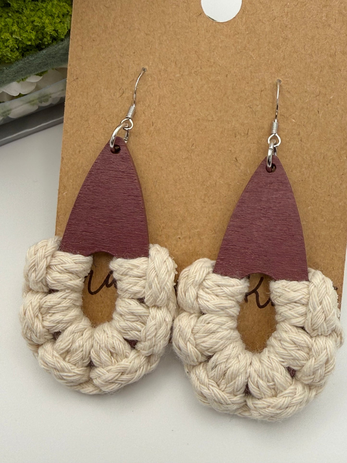 Burgundy Teardrop Macramé Earrings | Handmade Wood & Fiber Statement Earrings