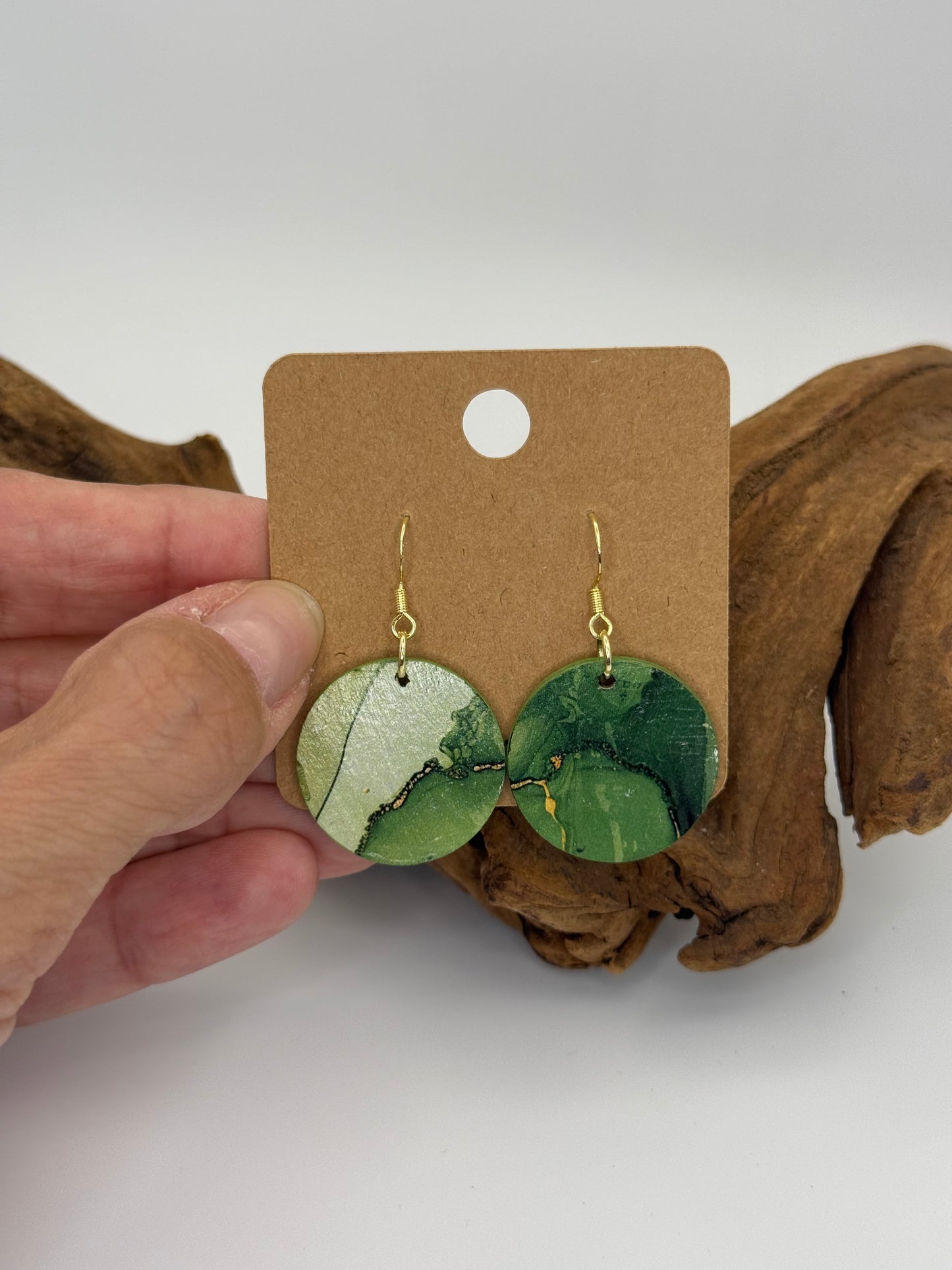 Green Watercolor Wood Earrings | Abstract Botanical Dangles
