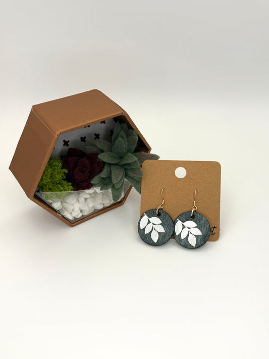 Blue Gray Botanical Wood Earrings | White Leaf Dangles