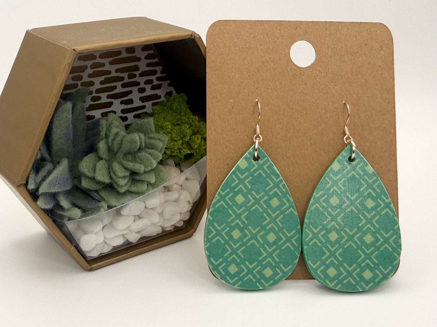Sea Glass Geo Wood Earrings | Aqua Patterned Teardrop Statement Earrings