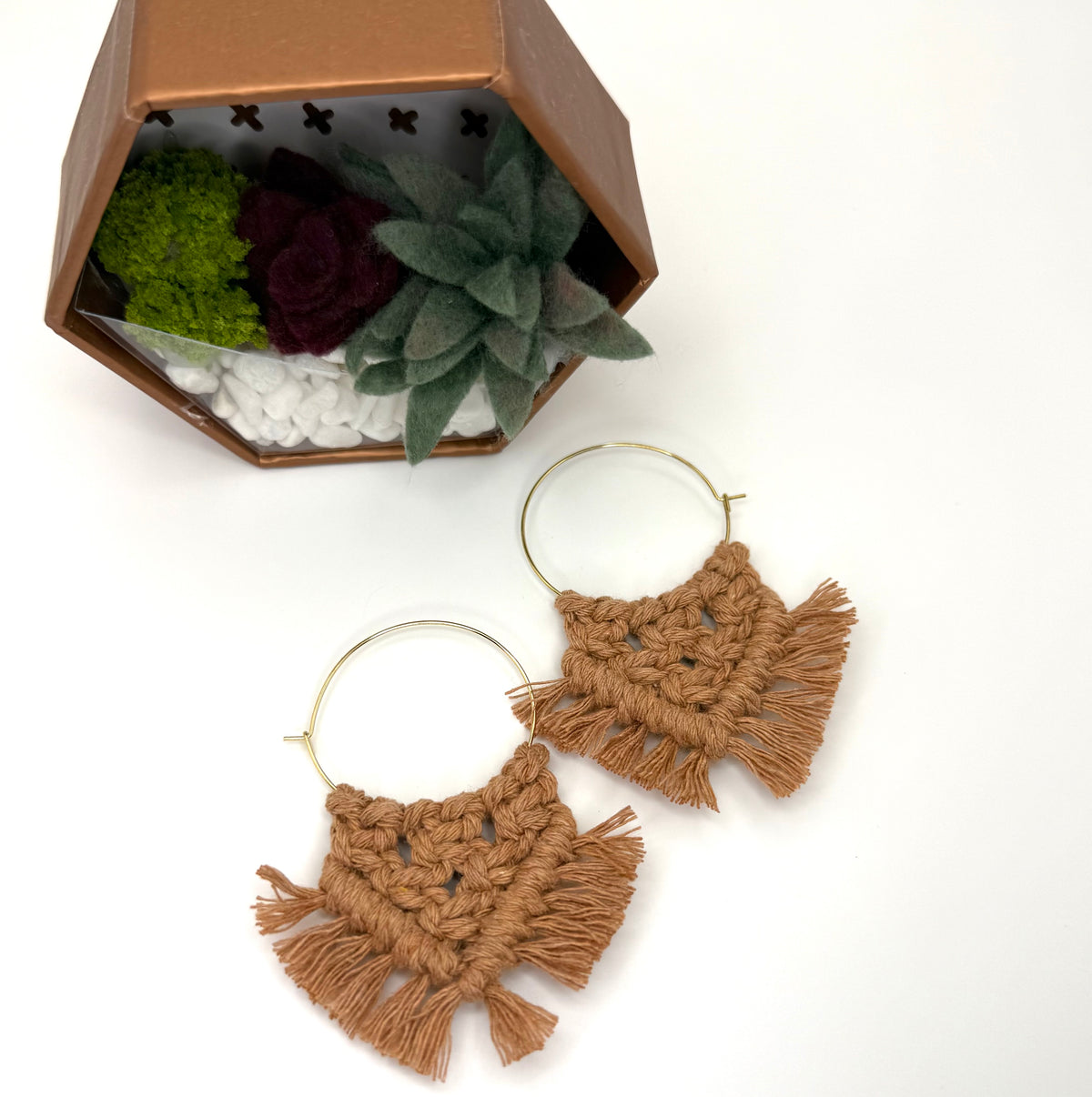 Camel Macrame Fringe Hoops | 35mm Gold Stainless Steel