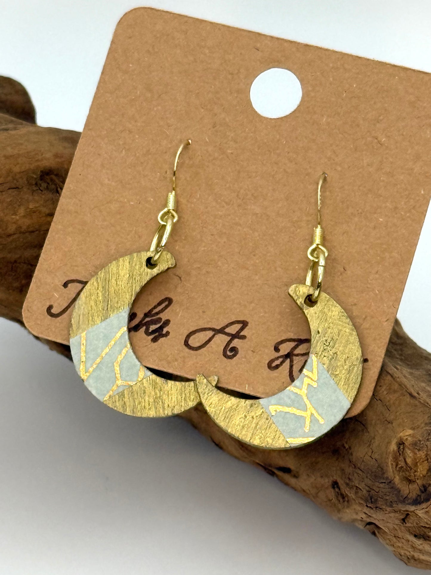 Almost Perfect – Gold Crescent Decoupage Wood Earrings