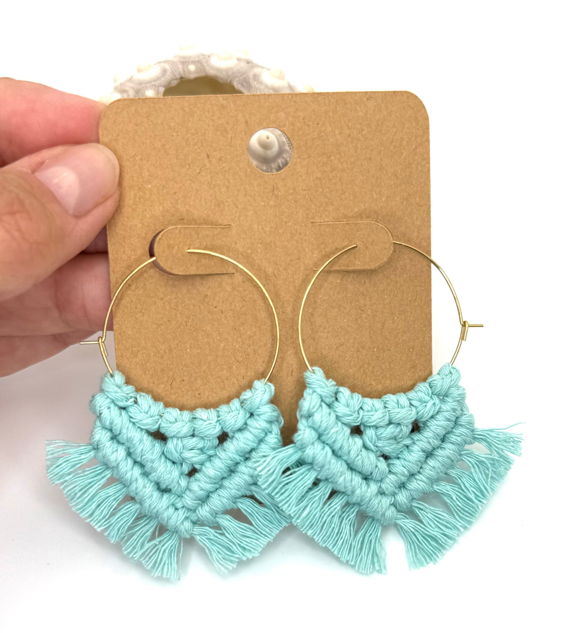 Seafoam Macrame Hoop Earrings | Gold Stainless Steel