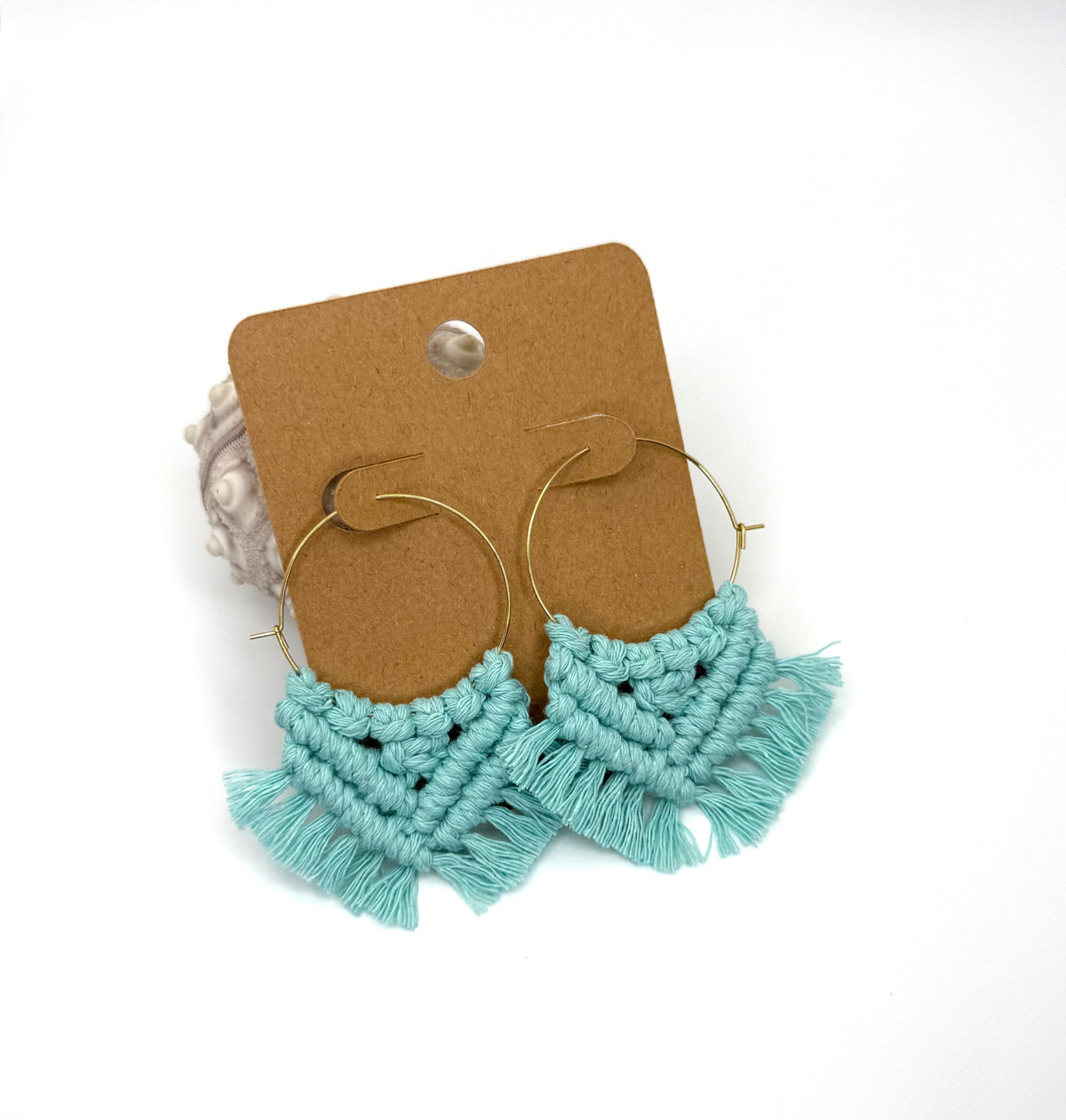 Seafoam Macrame Hoop Earrings | Gold Stainless Steel