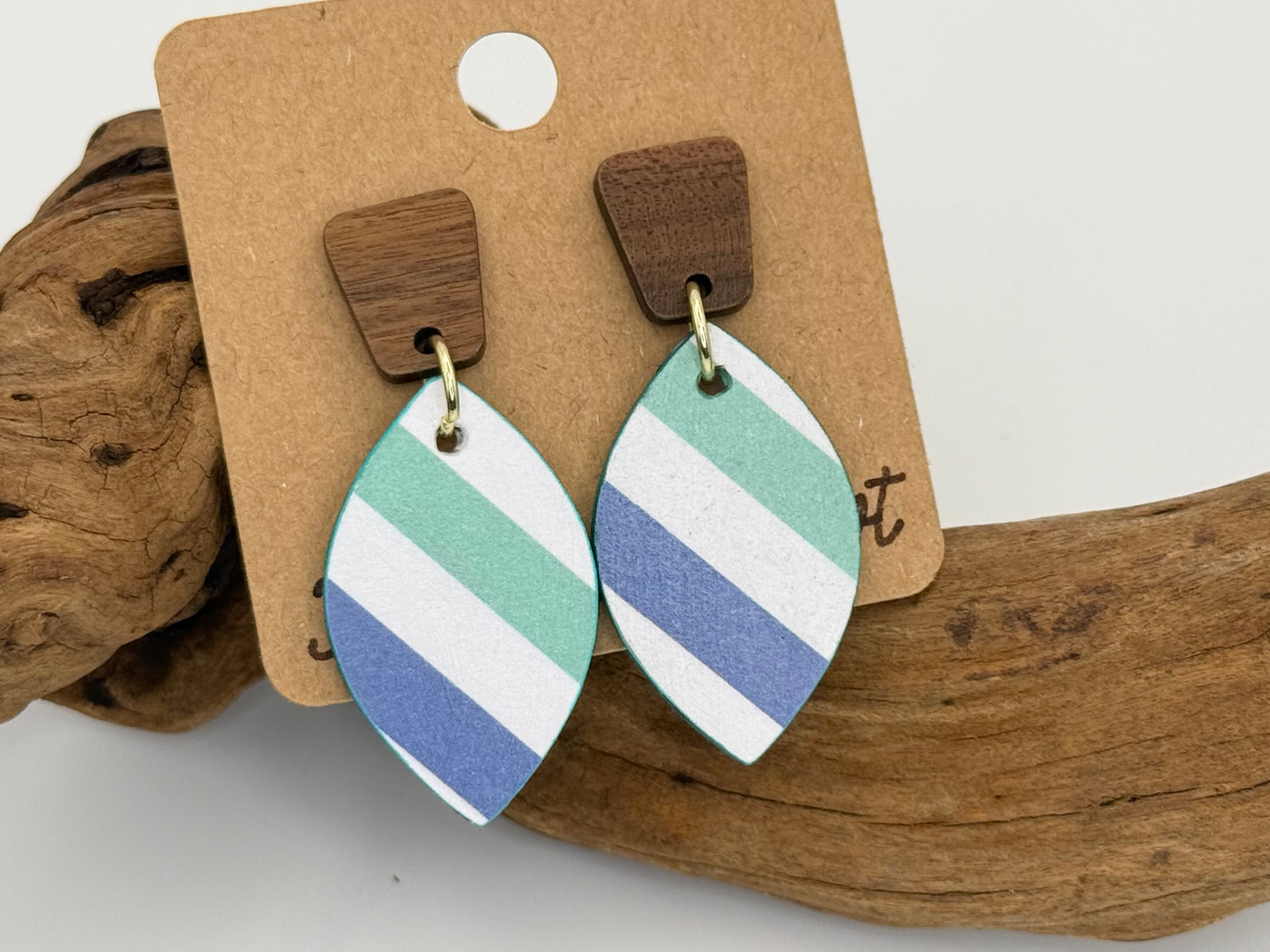Modern Coastal Stripe Wood Earrings | Lightweight Statement Drop