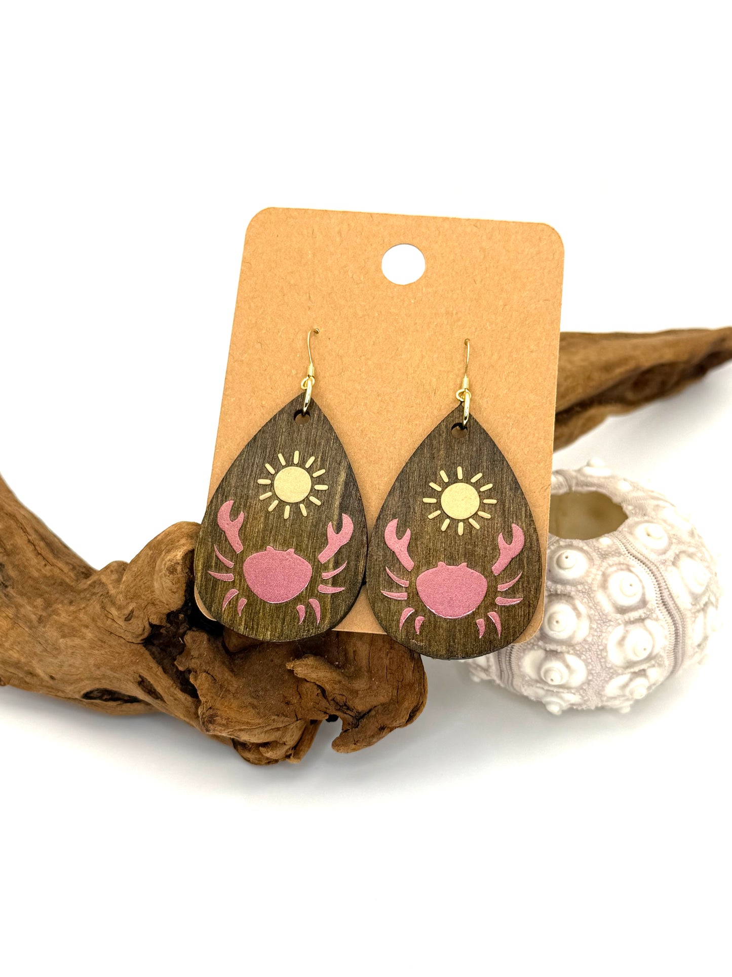 Coastal Crab Wood Earrings | Pink & Gold Botanical Dangles