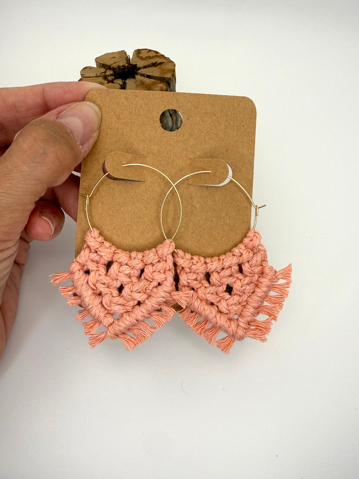 Heathered Coral Macramé Hoop Earrings | Gold Statement Hoops