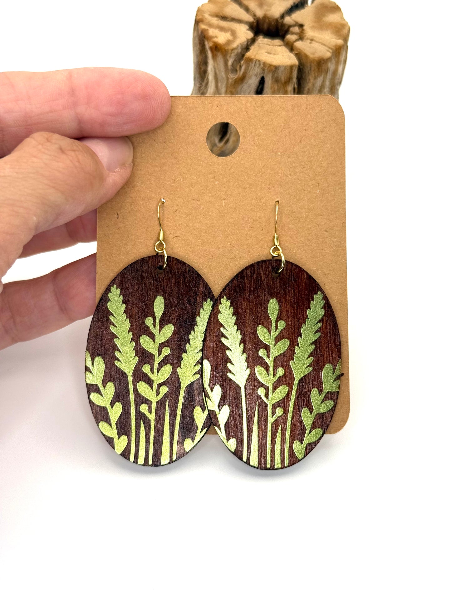Color Shift Botanical Wood Earrings | Lime to Deep Teal Dangles