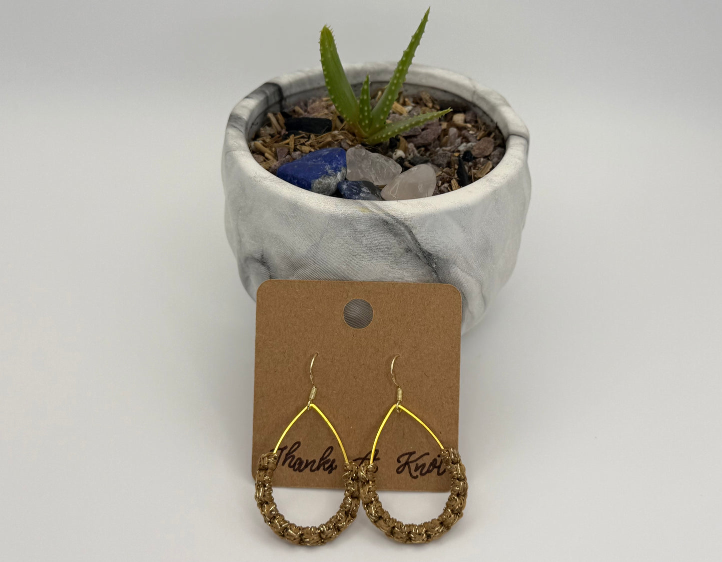 Last Chance Gold Teardrop Macramé Earrings | Handmade Statement Fiber Earrings