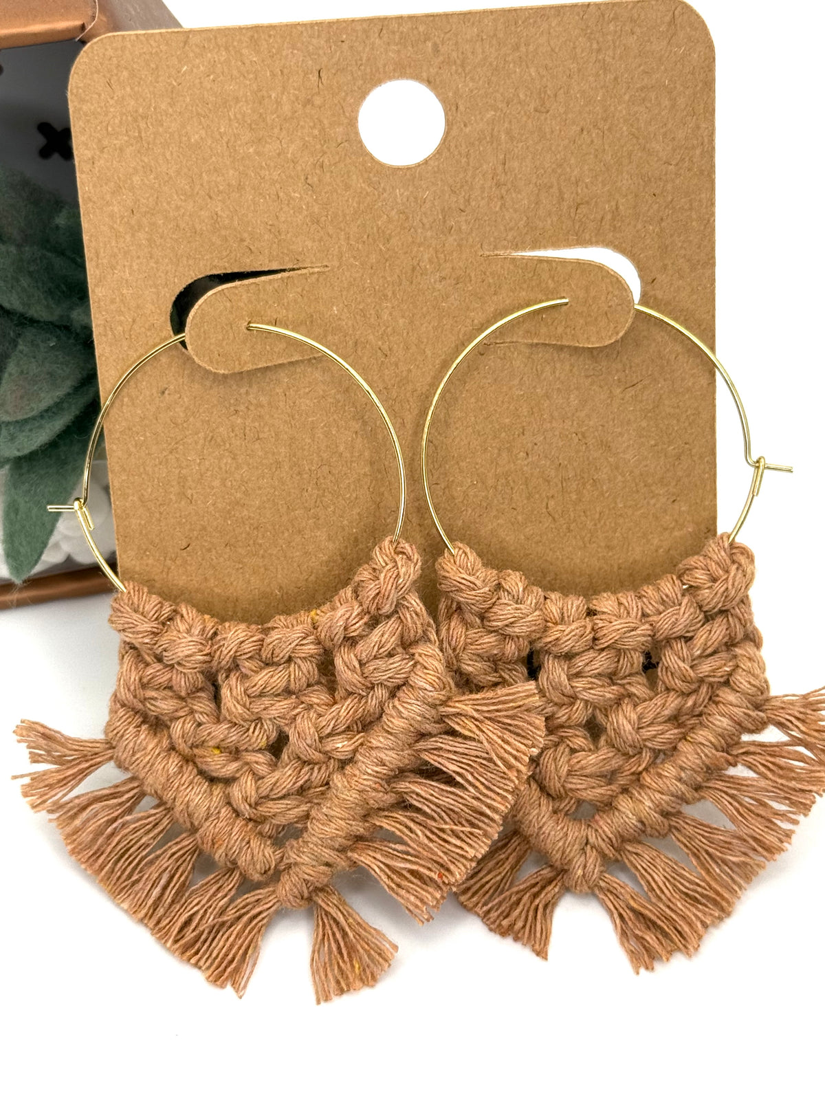 Camel Macrame Fringe Hoops | 35mm Gold Stainless Steel