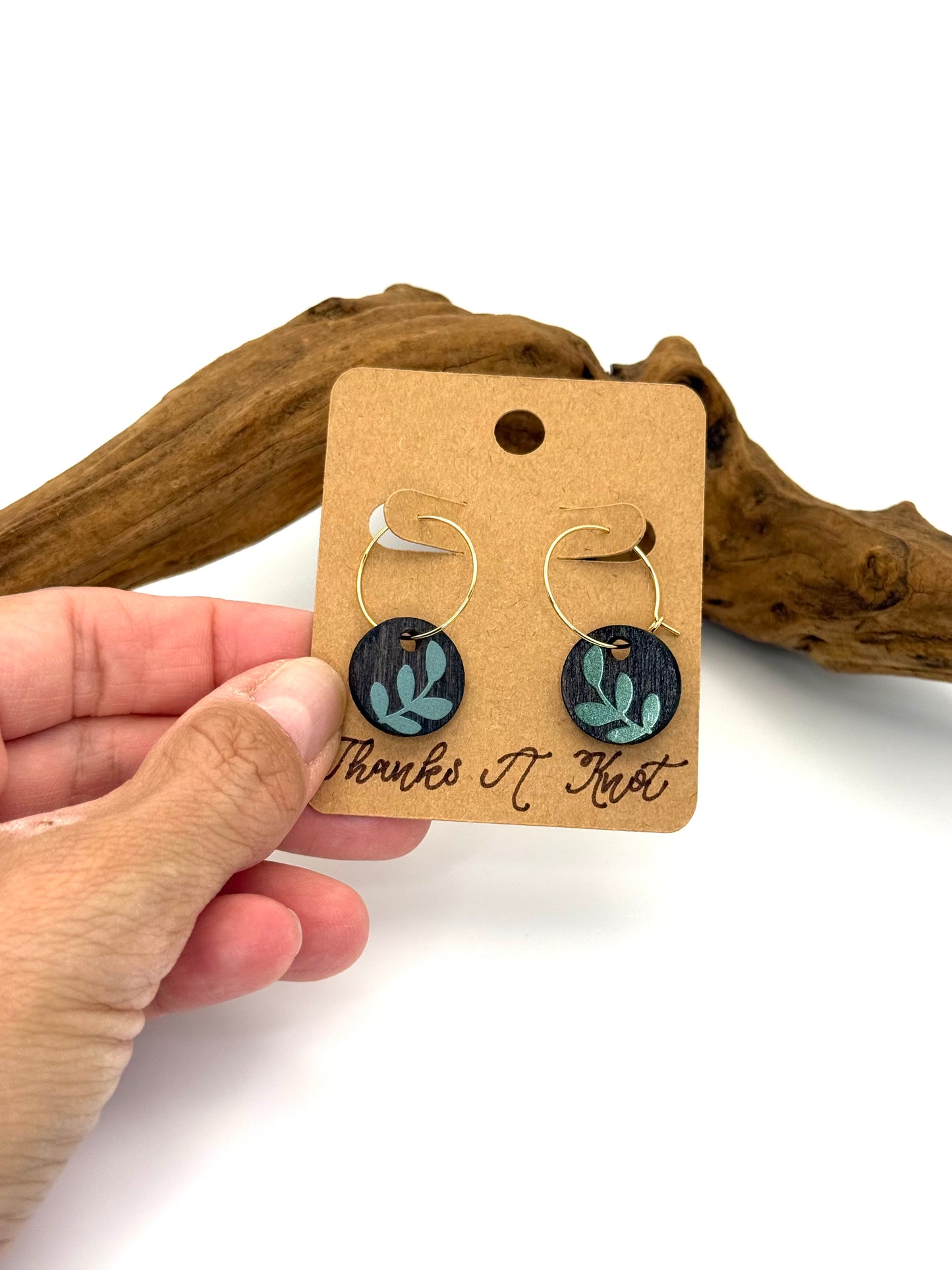 Black Botanical Wood Hoop Earrings | Shimmer Leaf Dangles