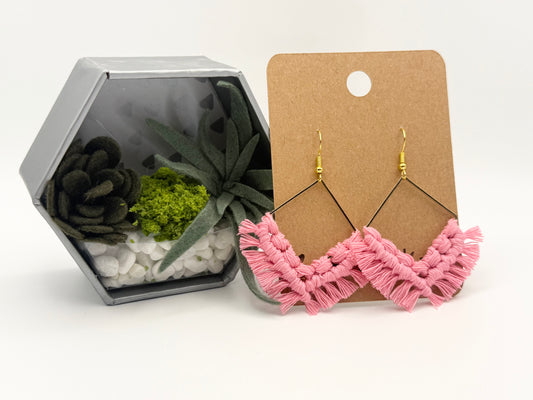 Pink Macramé Statement Earrings | Handmade Fringe Fiber Earrings