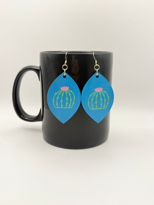 Wood and hand painted dangle drop earrings with cactus