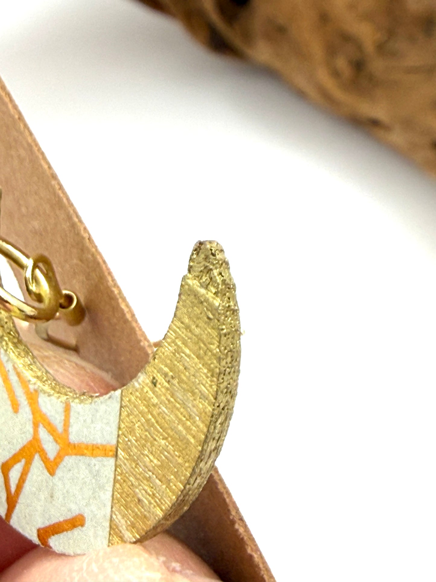 Almost Perfect – Gold Crescent Decoupage Wood Earrings