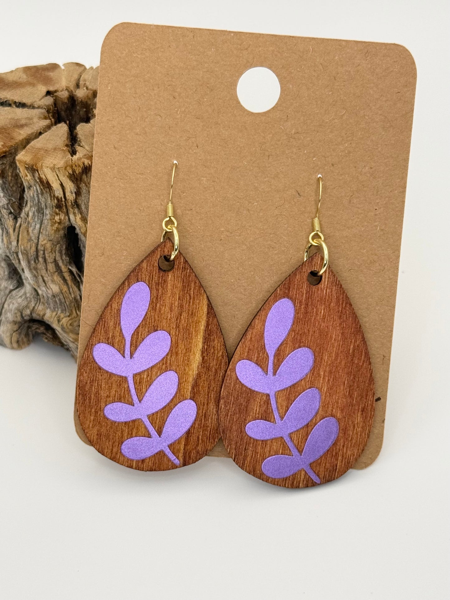 Modern Stained Wood Botanical Earrings | Purple Holographic Leaf Dangles