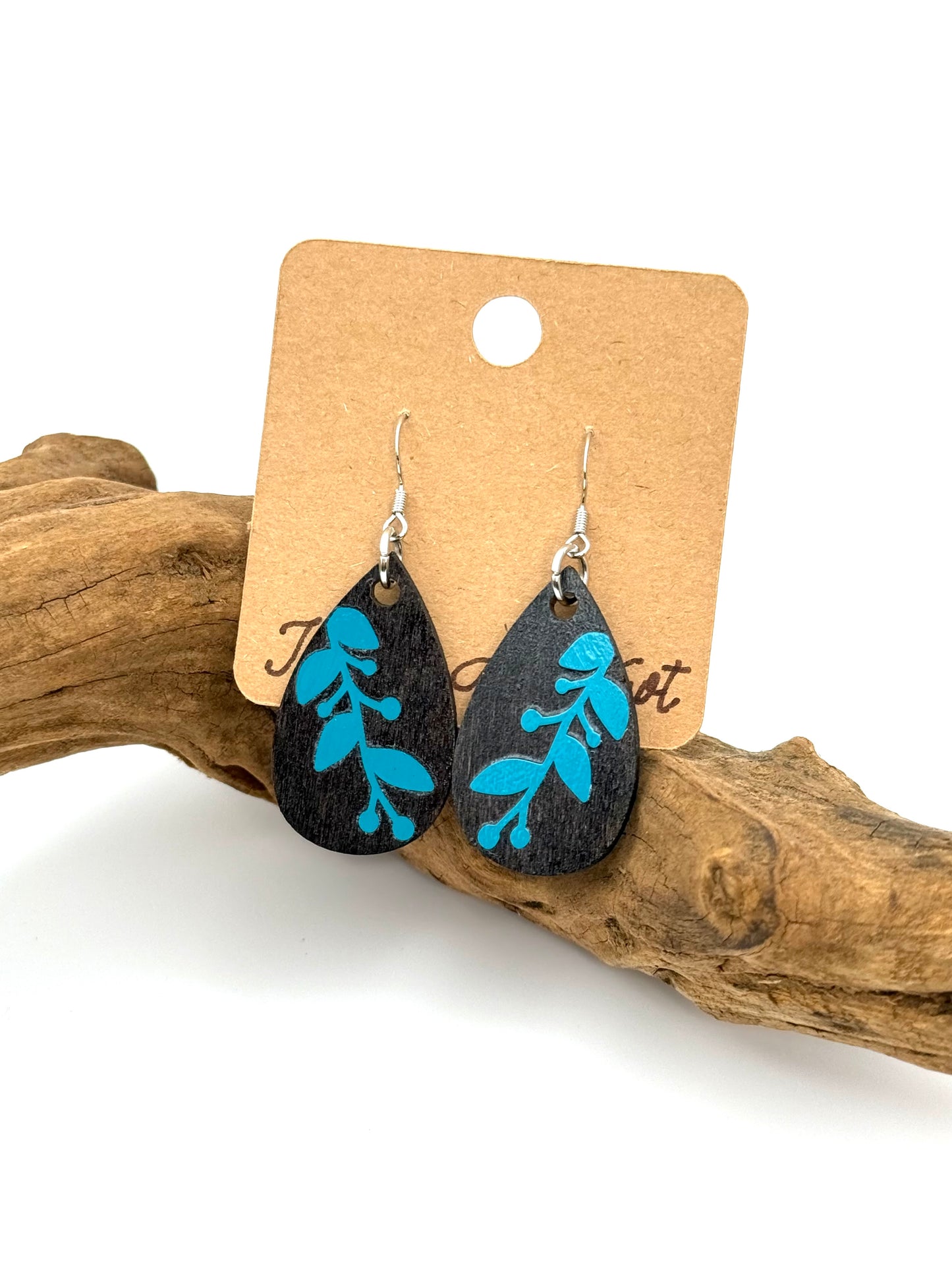 Almost Perfect – Turquoise Botanical Stained Wood Earrings