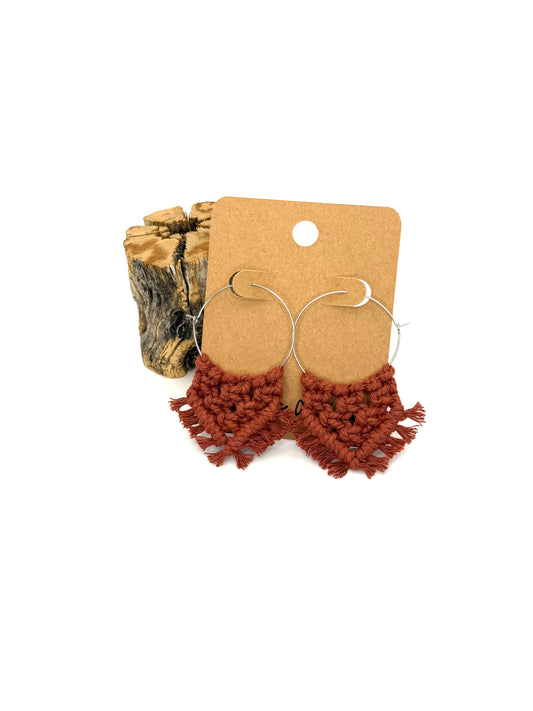 Rust Macramé Hoop Earrings | Silver Stainless Steel Statement Hoops