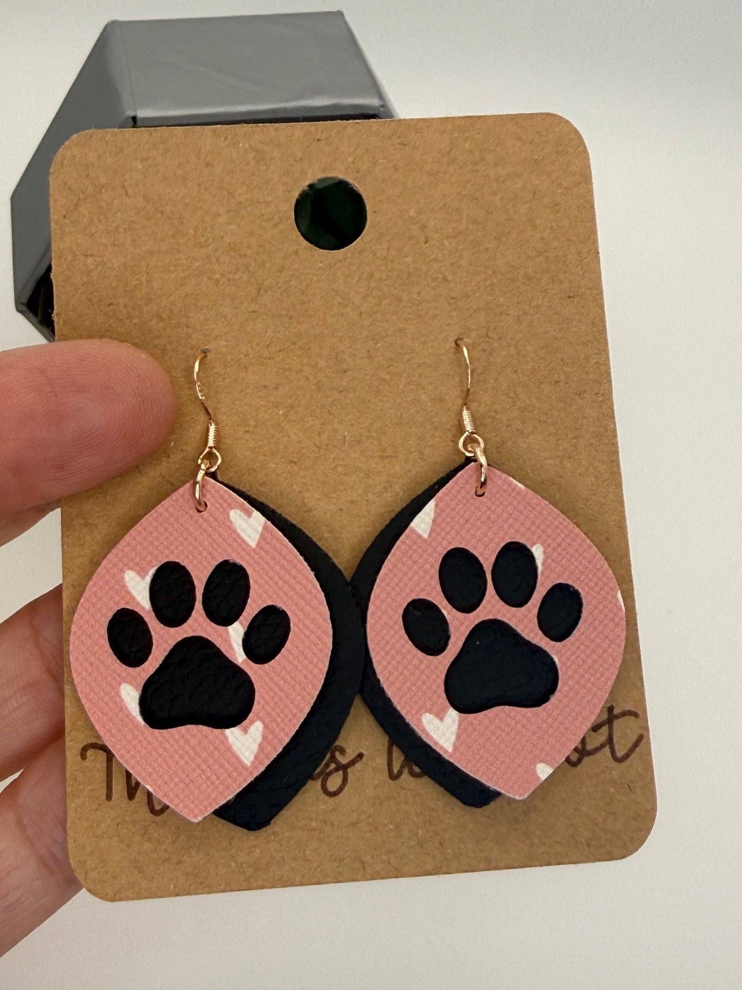 Pink Paw Print Faux Leather Earrings | Layered Pet Lover Statement Earrings