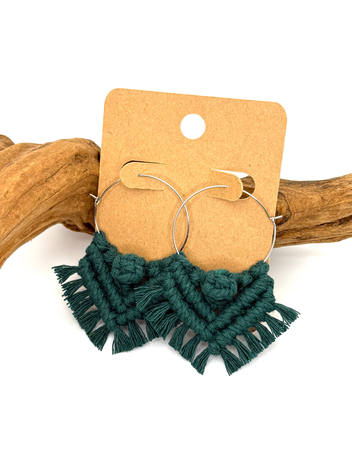 Deep Forest Green Macramé Hoop Earrings | Silver Statement Hoops
