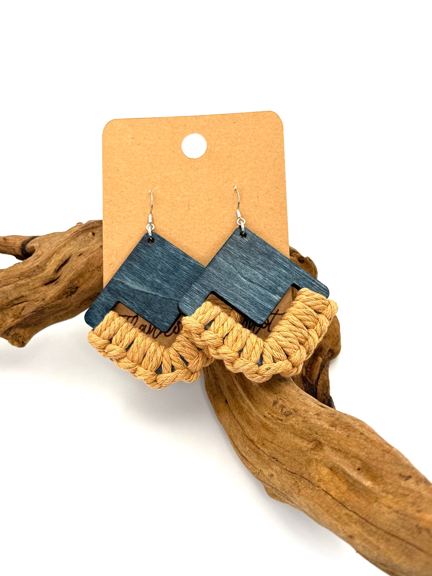 Blue Gray Wood & Macramé Earrings | Beige Geometric Dangles