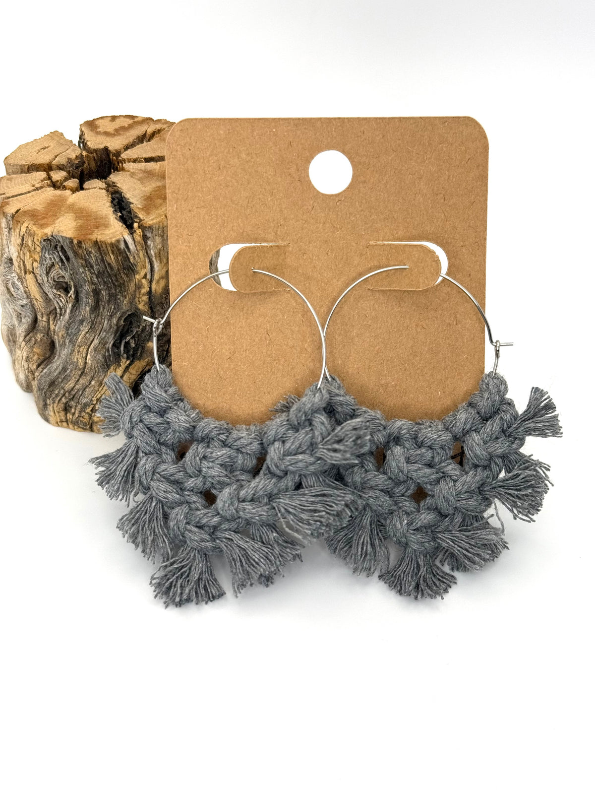 Gray Macramé Hoop Earrings | Hand-Knotted Statement Hoops