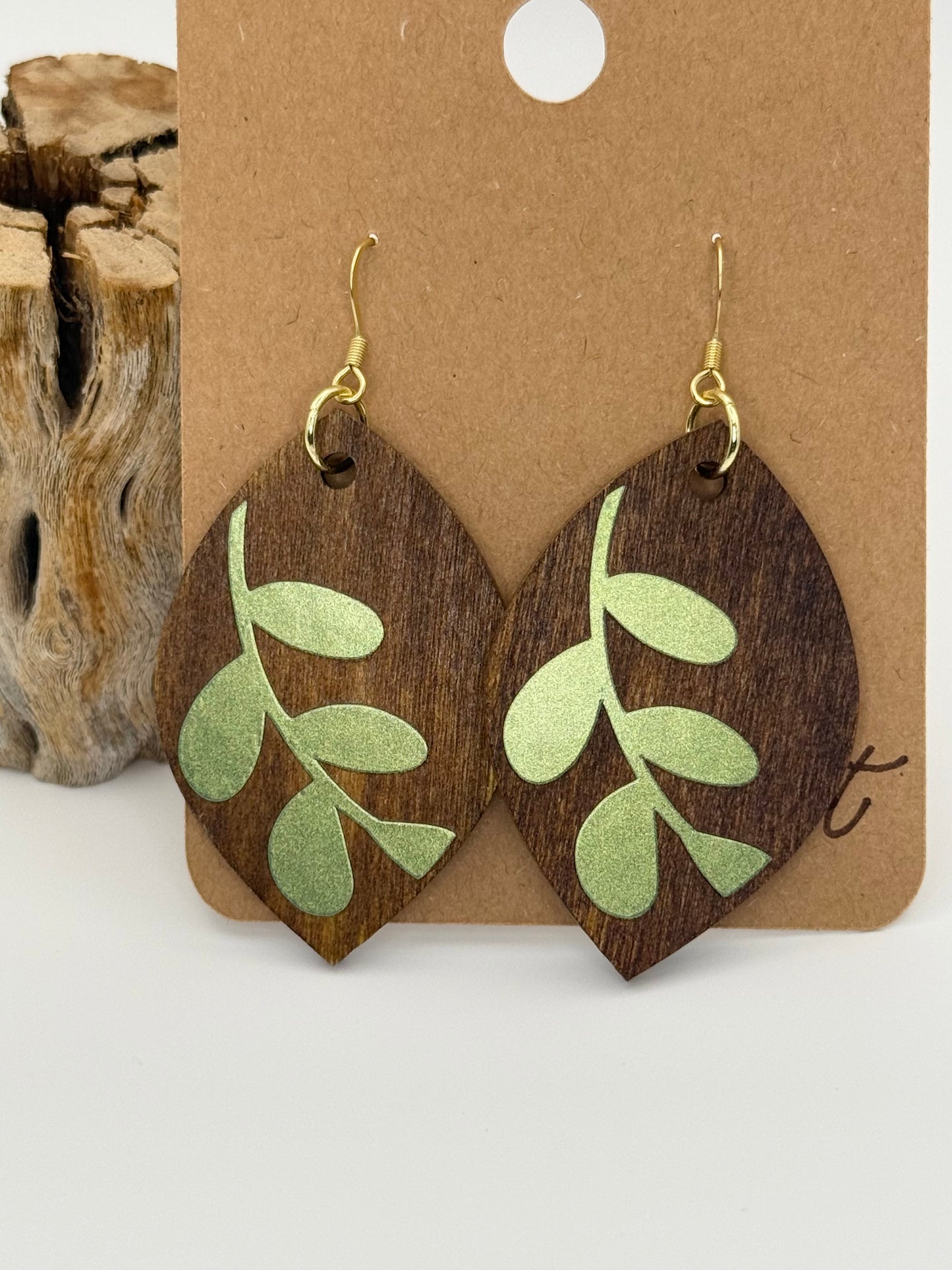 Modern Botanical Wood Earrings | Holographic Leaf Design