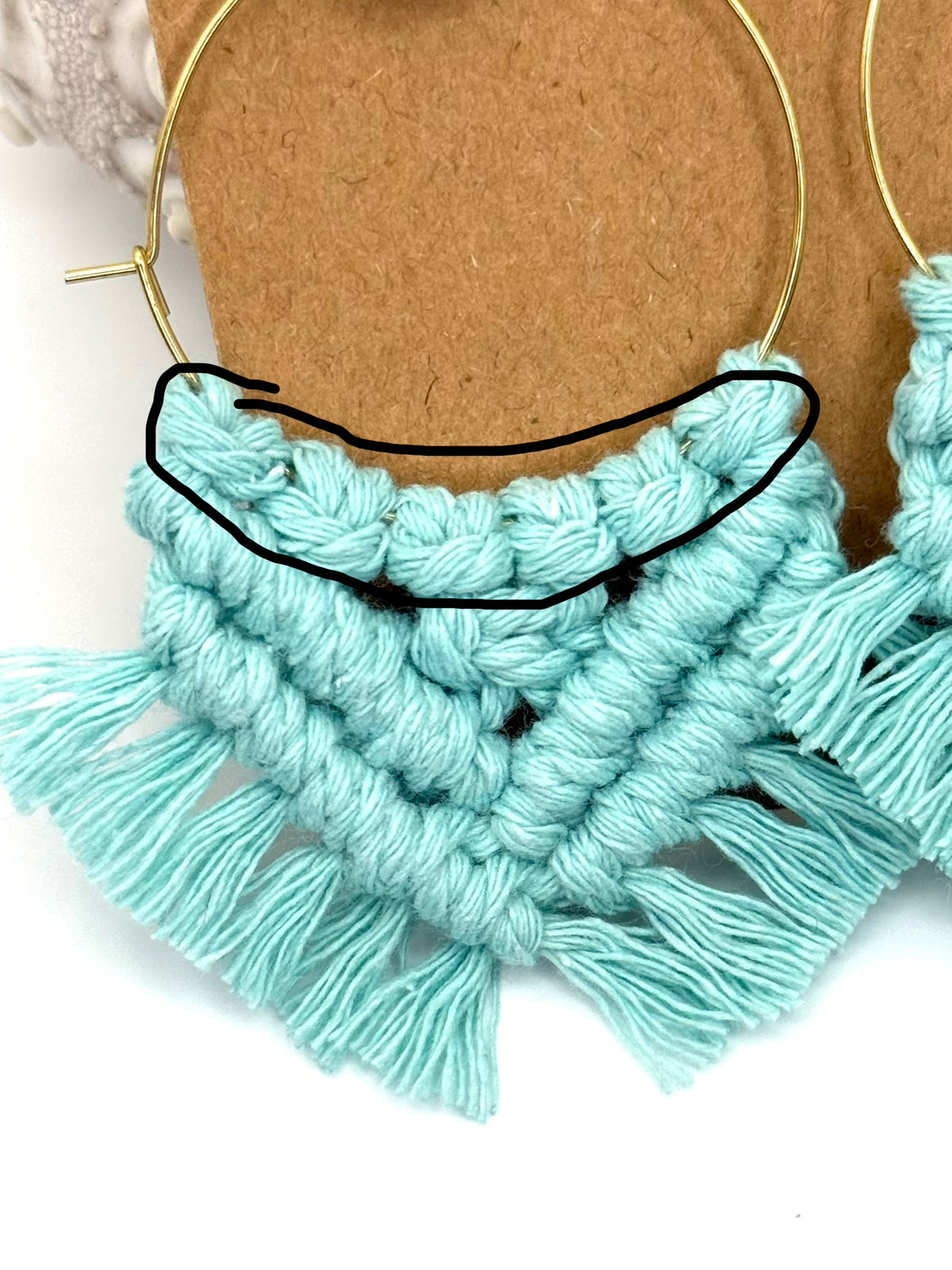 Seafoam Macrame Hoop Earrings | Gold Stainless Steel