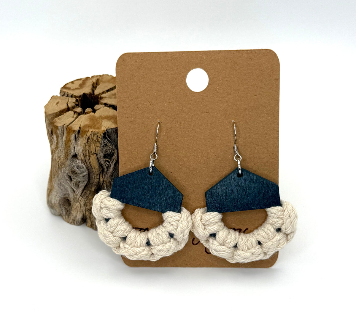 Deep Blue Wood & Macrame Earrings | Cream Cotton